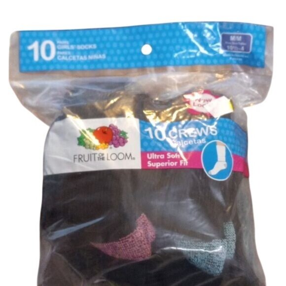 Fruit Of The Loom Size M 10.5-4 Crew Socks Girls 10 Pack Ultra Soft Black NEW - Picture 1 of 5